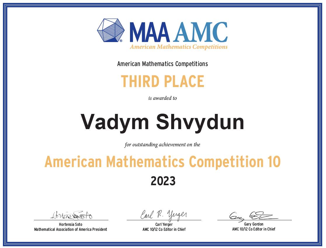 Vadym Shvydun — AMC10 3rd Place 2023